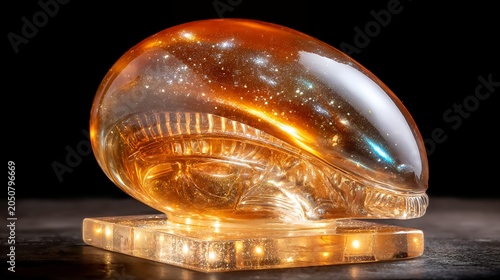 Ornate Alien Head Sculpture with Galactic Interior Glow