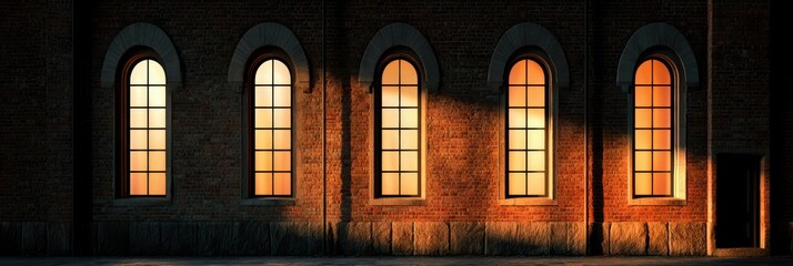 A warm light glows through five arched windows on a brick building facade, casting shadows on the wall at dusk or dawn.