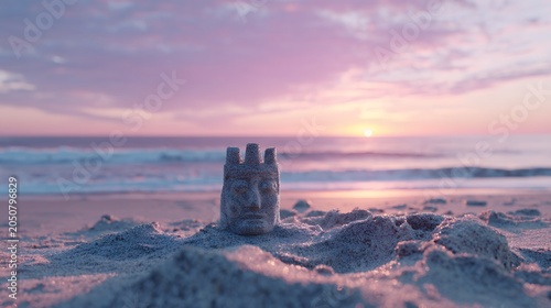 Sand sculpture of a head on the beach at sunset
