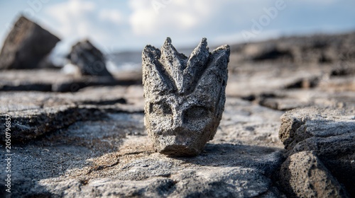 Rock sculpture resembling an alien head on a rocky coast