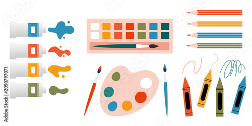 Painting tools elements vector set, cartoon style. Trendy modern vector illustration isolated on white, hand drawn, flat design.