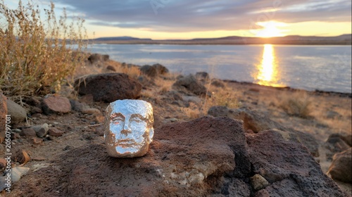 Silver face sculpture rests on rocky shore at sunset