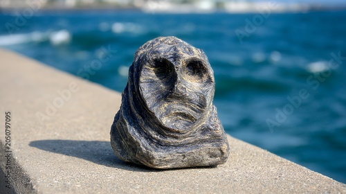 Stone alien head sculpture sits outdoors by the water