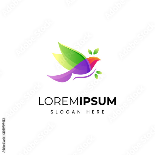 flying bird logo with green leaves beautiful colorful vector design style