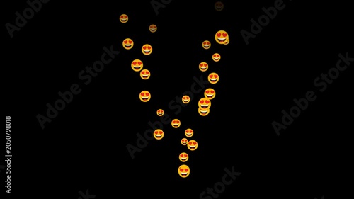 Floating heart eyes smiley animation with alpha channel, happy yellow love reaction faces rising on transparent background for social media, chat, app, sticker, message and digital content design