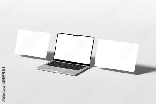 Modern laptop mockup with blank screen and two floating advertising boards, displayed in a clean studio environment. Perfect for website previews, digital branding, online business promotion