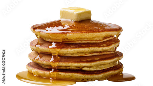 Fotografie Stack of golden pancakes with melting butter and dripping syrup