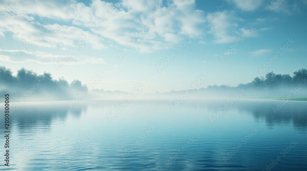 Fototapeta premium Serene Misty Lake Scene with Reflections and Soft Blue Hues