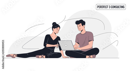 Diverse Colleagues Collaborate on Laptop, Business Meeting Illustration