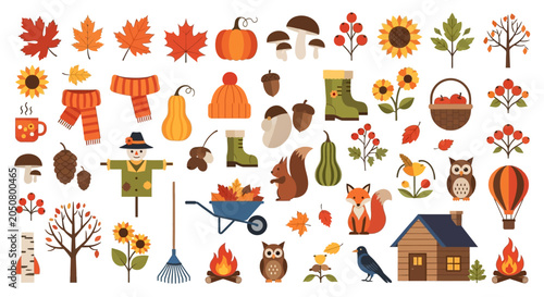 Foto Autumn Collection: Fall Icons, Scarecrow, Squirrel, Fox, Owl, Pumpkin, Leaves