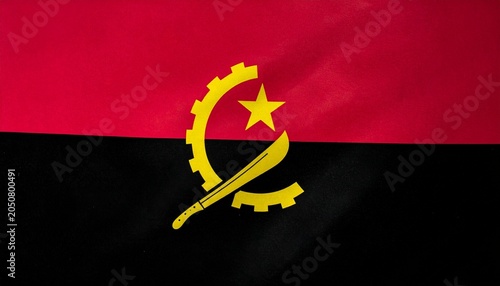 Flag of Angola with red and black stripes, gear emblem.