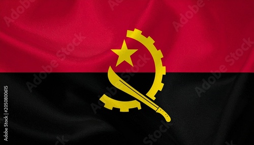 Flag of Angola with red and black stripes, gear emblem.