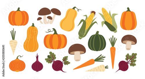 Autumn Harvest Vegetables Collection: Pumpkins, Corn, Mushrooms, Root Vegetables