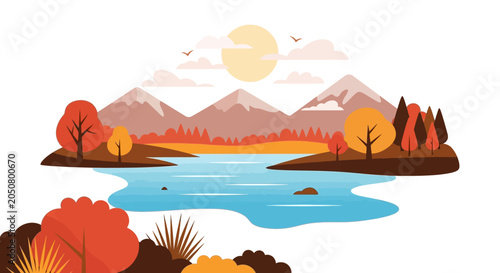 Foto Autumn Landscape with Lake, Mountains, and Trees - Flat Design