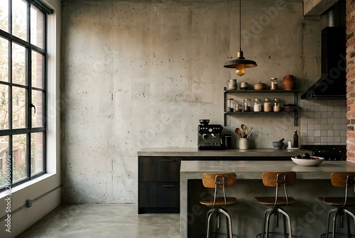Modern industrial kitchen interior with concrete walls and minimalist design