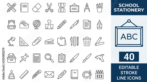 Konstfotografi School stationary line editable icon set
