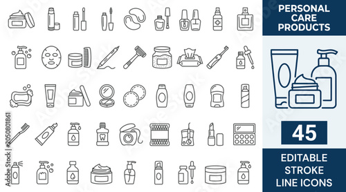 Personal Care Product icon set. Editable stroke. Vector illustration