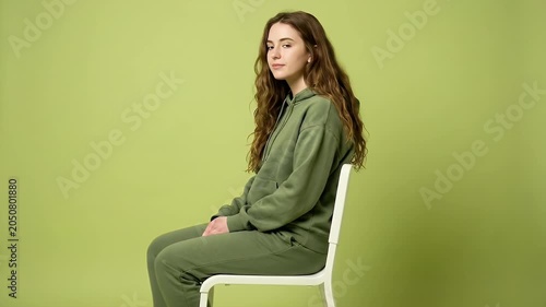 Young Woman Wearing Comfortable Green Tracksuit Sitting on White Chair