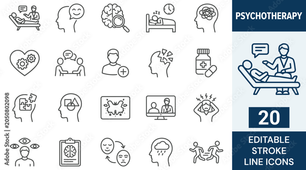Fototapeta premium Psychotherapy icon set. Editable stroke. Vector illustration
