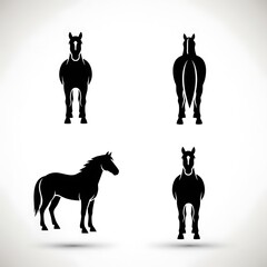 Four silhouettes of black horses against white background.