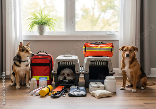 Two dogs and pet carriers with essential supplies ready for travel or emergency preparedness indoors by a window.
