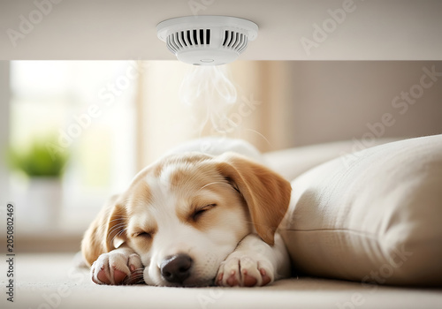 A sleeping beagle puppy unaware of the smoke detector emitting smoke on the ceiling above it, highlighting home safety.