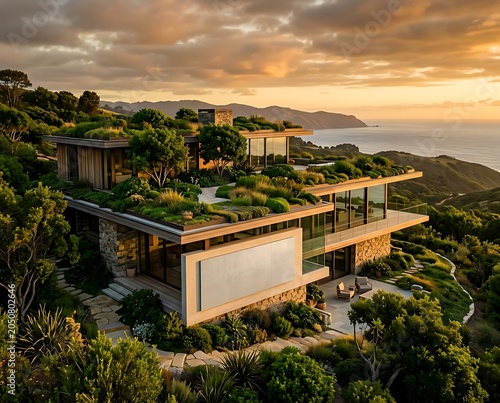 Modern Luxury Sustainable House with Green Roof Overlooking the Ocean at Sunset