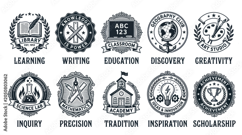 Fototapeta premium Vintage Educational Emblem And School Badge Vector Set