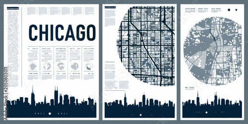 Chicago city posters a set of three vector illustrations with urban layouts