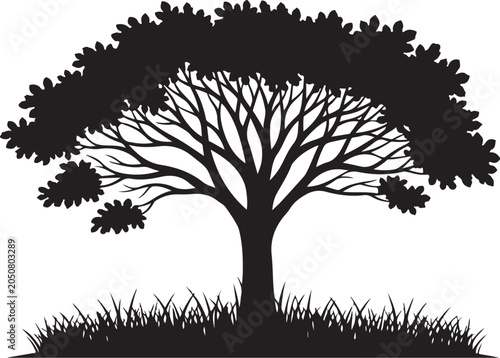 Black silhouette tree with flowers and grass on white