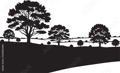 Black silhouette trees on hill with white background d