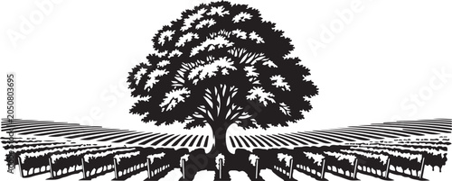 Black silhouette tree with people and rows