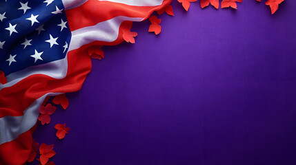 USA American flag waving layout border decoration frame on purple texture patriotic template design