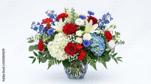 Patriotic floral arrangement with red roses and blue hydrangeas, elegant Fourth of July flower bouquet, red white and blue centerpiece for memorial day isolated PNG with Transparent Background