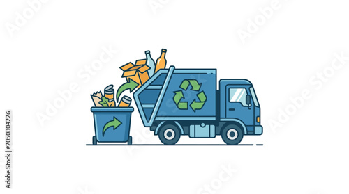 Garbage Truck Collecting Recyclables from Bin, Recycling Symbol, Flat Design