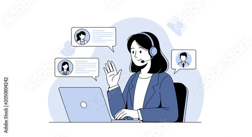 Customer service agent with headset interacting with clients via video call and chat, illustrating online communication and support.