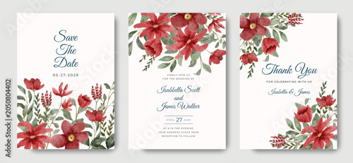 Foto wedding invitation with red floral watercolor border