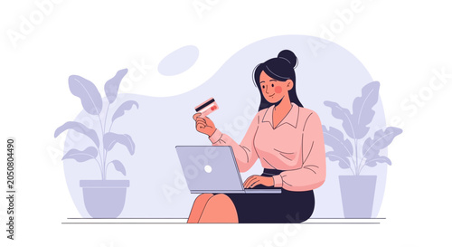Young Woman Using Laptop and Credit Card for Online Shopping or Banking - Flat Design
