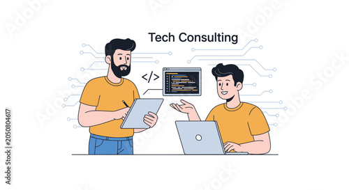 Tech Consulting: Diverse professionals collaborating on digital solutions with coding and laptops