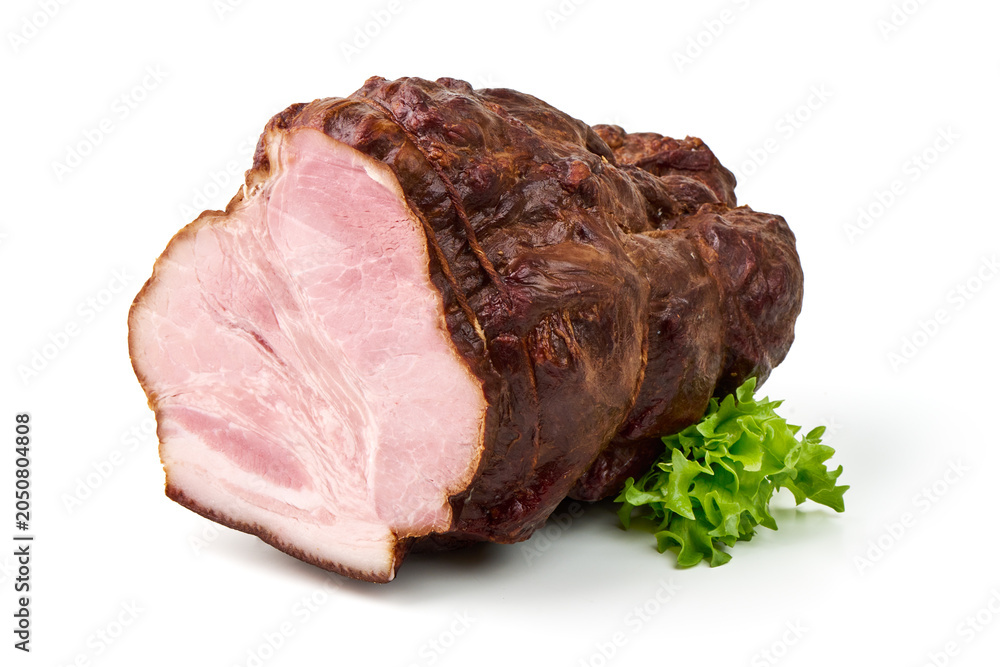 Fototapeta premium Smoked pork loin with fresh lettuce, isolated on white background