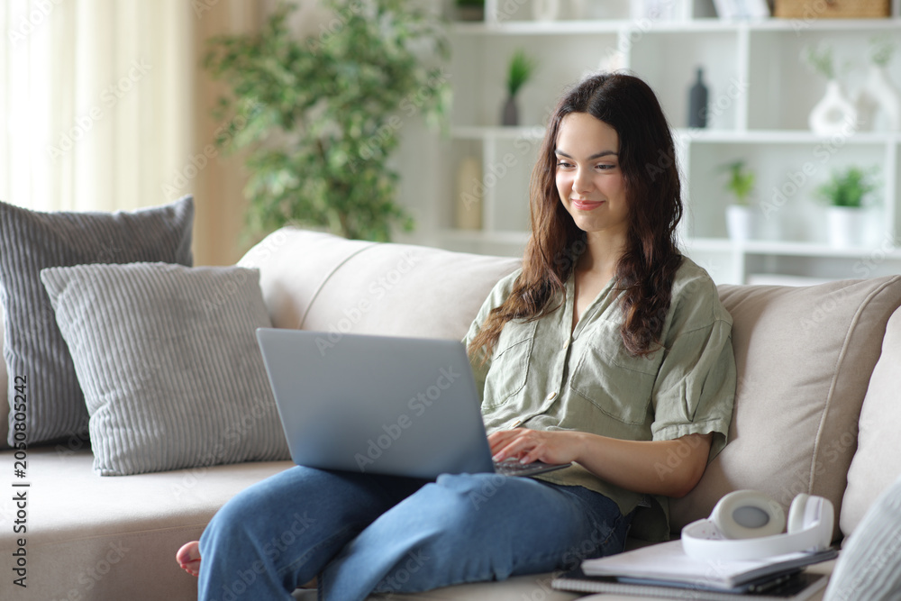 Obraz premium Satisfied student is e learning using personal computer at home