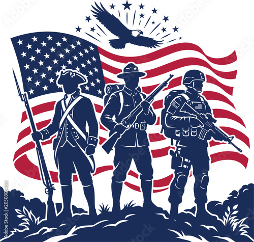 Patriotic illustration of american soldiers from different eras with a waving us flag and a bald eagle
