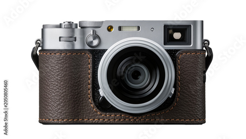 Obraz na płótnie Retro digital camera with leather case and silver lens