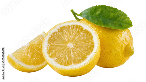 Εκτύπωση καμβά Whole and sliced lemons with green leaf