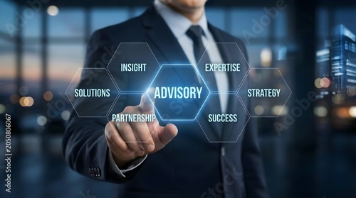 Businessman in suit interacting with virtual advisory strategy interface in modern office environment at dusk