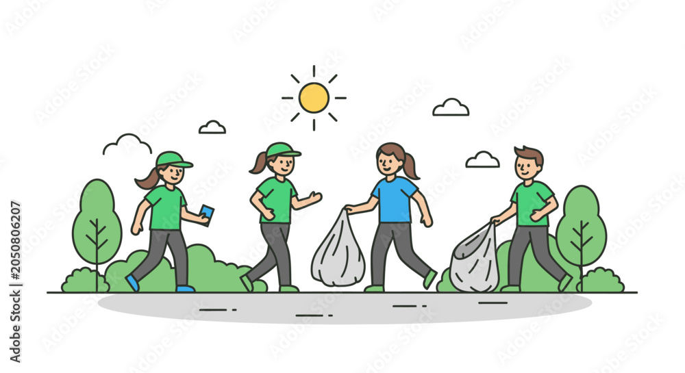 Fototapeta premium Volunteers Cleaning Park With Trash Bags Under Sunny Sky