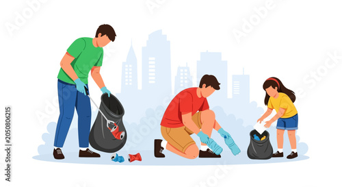 Foto Volunteers Cleaning City Park: Family Picking Up Trash for a Greener Environment