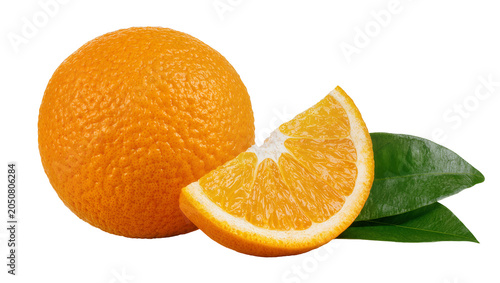 Fényképezés Whole orange fruit and slice with green leaves