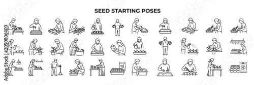 Seed Starting Poses Vector Illustration Set Showing Gardeners Sowing and Transplanting Seedlings for Gardening Tutorials, Urban Farming Guides and Agricultural Marketing Materials