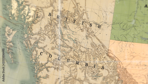 Canvastavla Macro View of Vintage Map Highlighting British Columbia Canada with Detailed Geo